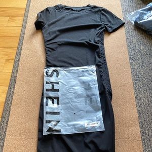 Ribbed ruched drawstring bodycon dress XS black